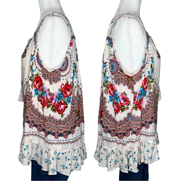 Bila Tank Top Jessica Sleeveless Tie Neck Blouse Bohemian Floral Cream Medium M - Picture 5 of 17